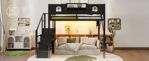 English Elm Full Size Steel Loft Bed with Staircase Storage Wardrobe Desk and Led Lighting Black W2593S00055