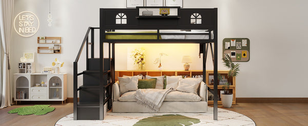 English Elm Full Size Steel Loft Bed with Staircase Storage Wardrobe Desk and Led Lighting Black W2593S00055