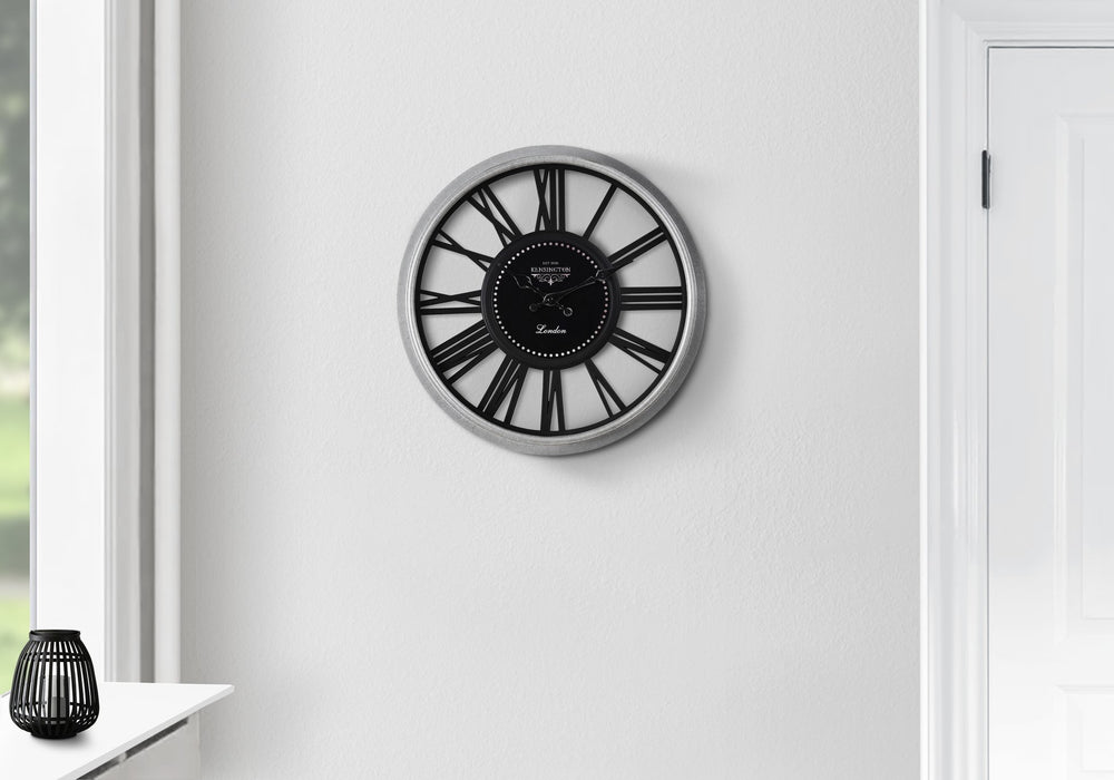English Elm Clocks, Elegant 16" Round Wall Clock In Silver & Black - Vintage Charm Meets Modern Style! B2710P287096