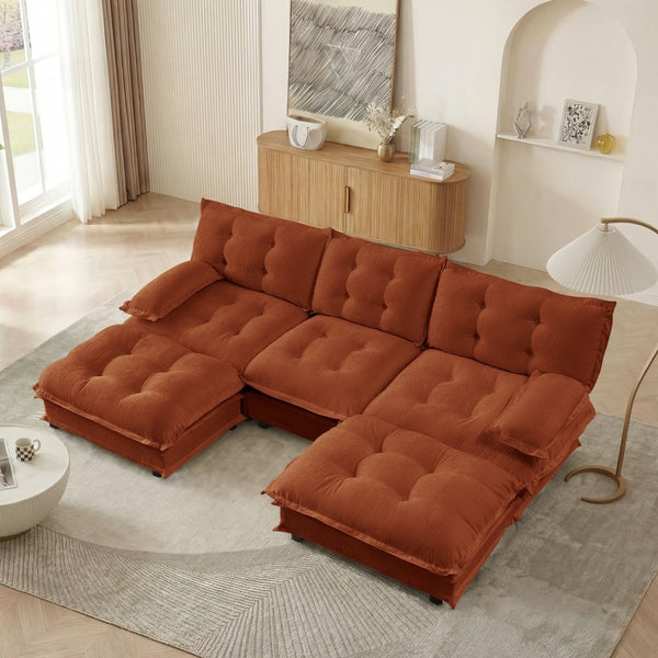 English Elm 107" U Shaped Chenille Sectional Cloud Sofa with Ottomans Deep Seat Modular Living Room Orange W714S01739