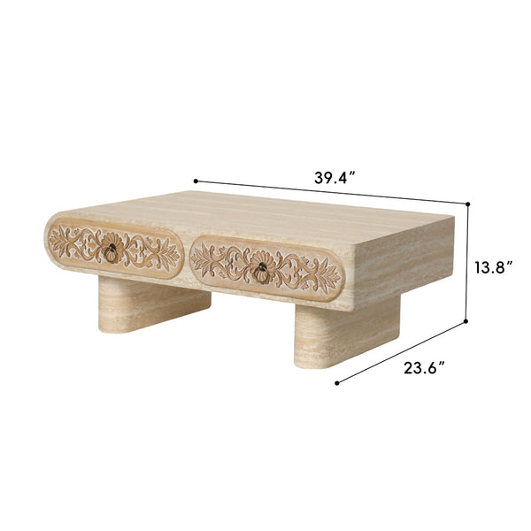 English Elm Rounded Edge Coffee Table Solid Wood Engraved Drawer Modern Living Room Storage W3040P428686