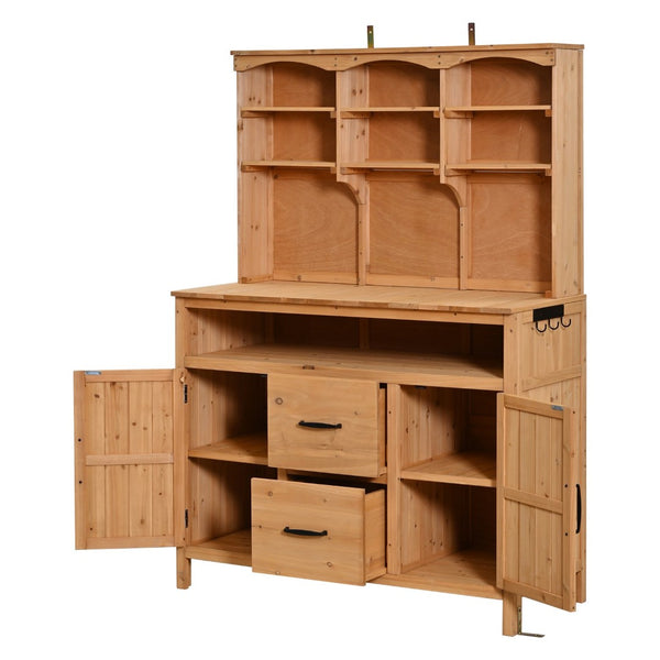 English Elm (with Hutch) Topmax Solid Fir Outdoor Potting Bench Station Cabinets Drawers Patio Garden Natural Wood N717P404332A