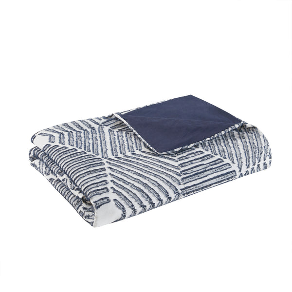 English Elm King/Cal Ellipse Cotton Jacquard Duvet Cover Set - Navy Geometric Clipped Jacquard, OEKO-TEX, Reversible B035129132