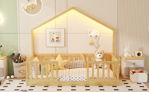 English Elm Twin Montessori Floor Bed House Frame with Led Lighting and Safety Rails for Kids W2593P440601