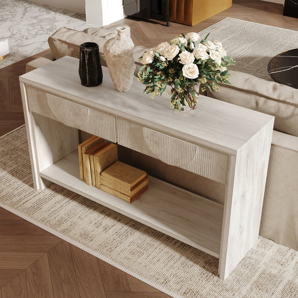 English Elm Farmhouse Solid Wood Console Table with Carved Drawers, Tiered Shelf & Anti-Tip Stability (57.8") White T3833P366467