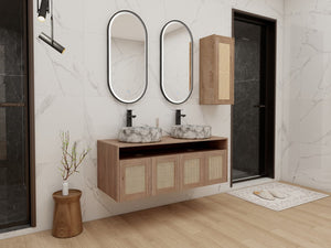 English Elm 48" Floating Bathroom Vanity Dual Ceramic Vessel Sinks Oak Finish Soft Close Doors W999S00500