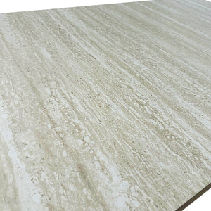 English Elm Rectangular extendable dining table with veined travertine top, beige MDF, sturdy wide feet, 6-10 seats W1347S00018