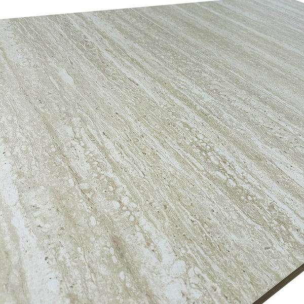 English Elm Rectangular extendable dining table with veined travertine top, beige MDF, sturdy wide feet, 6-10 seats W1347S00018