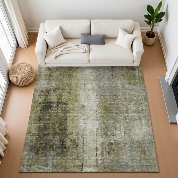 HomeRoots 10' Olive Green Charcoal Ivory Abstract Washable Area Rug - UV Protected, Stain Resistant & Durable 710004