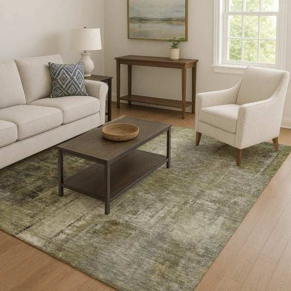 HomeRoots 10' Olive Green Charcoal Ivory Abstract Washable Area Rug - UV Protected, Stain Resistant & Durable 710004