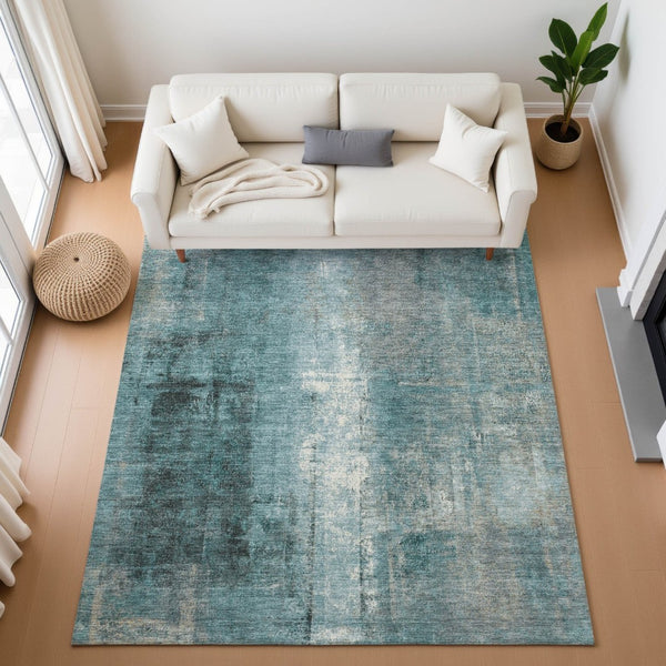 HomeRoots 9' X 12' Teal Charcoal Ivory Abstract Area Rug - Washable, UV Protected, Durable for High-Traffic Spaces 710009