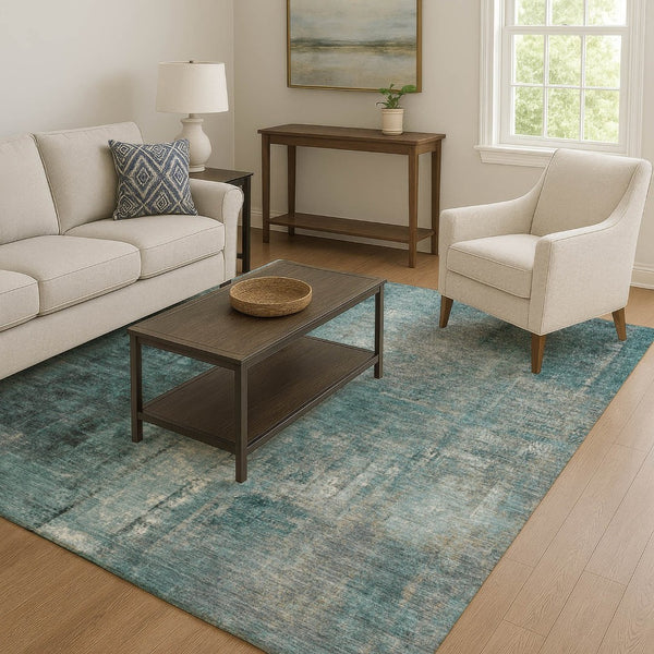 HomeRoots 9' X 12' Teal Charcoal Ivory Abstract Area Rug - Washable, UV Protected, Durable for High-Traffic Spaces 710009