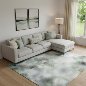 HomeRoots 10' X 14' Teal Charcoal Ivory Abstract Washable Area Rug with UV Protection for Modern Homes 710010