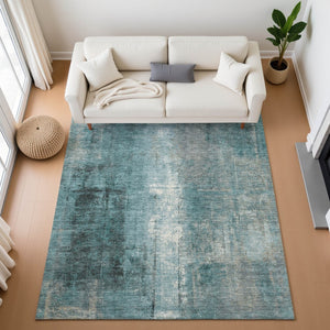 HomeRoots 10' X 14' Teal Charcoal Ivory Abstract Washable Area Rug with UV Protection for Modern Homes 710010