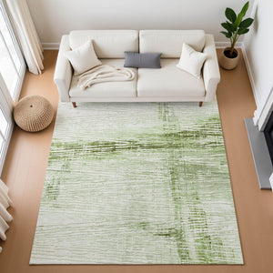 HomeRoots 8' Artichoke Green Striped Washable Round Rug - UV Protected, Stain Resistant & Easy Care for Homes 710013