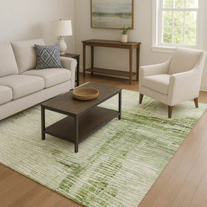 HomeRoots 8' Artichoke Green Striped Washable Round Rug - UV Protected, Stain Resistant & Easy Care for Homes 710013