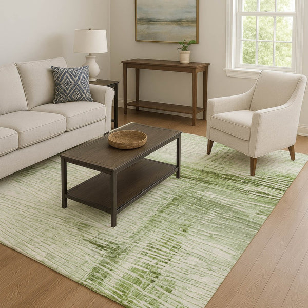 HomeRoots 8' Artichoke Green Striped Washable Round Rug - UV Protected, Stain Resistant & Easy Care for Homes 710013