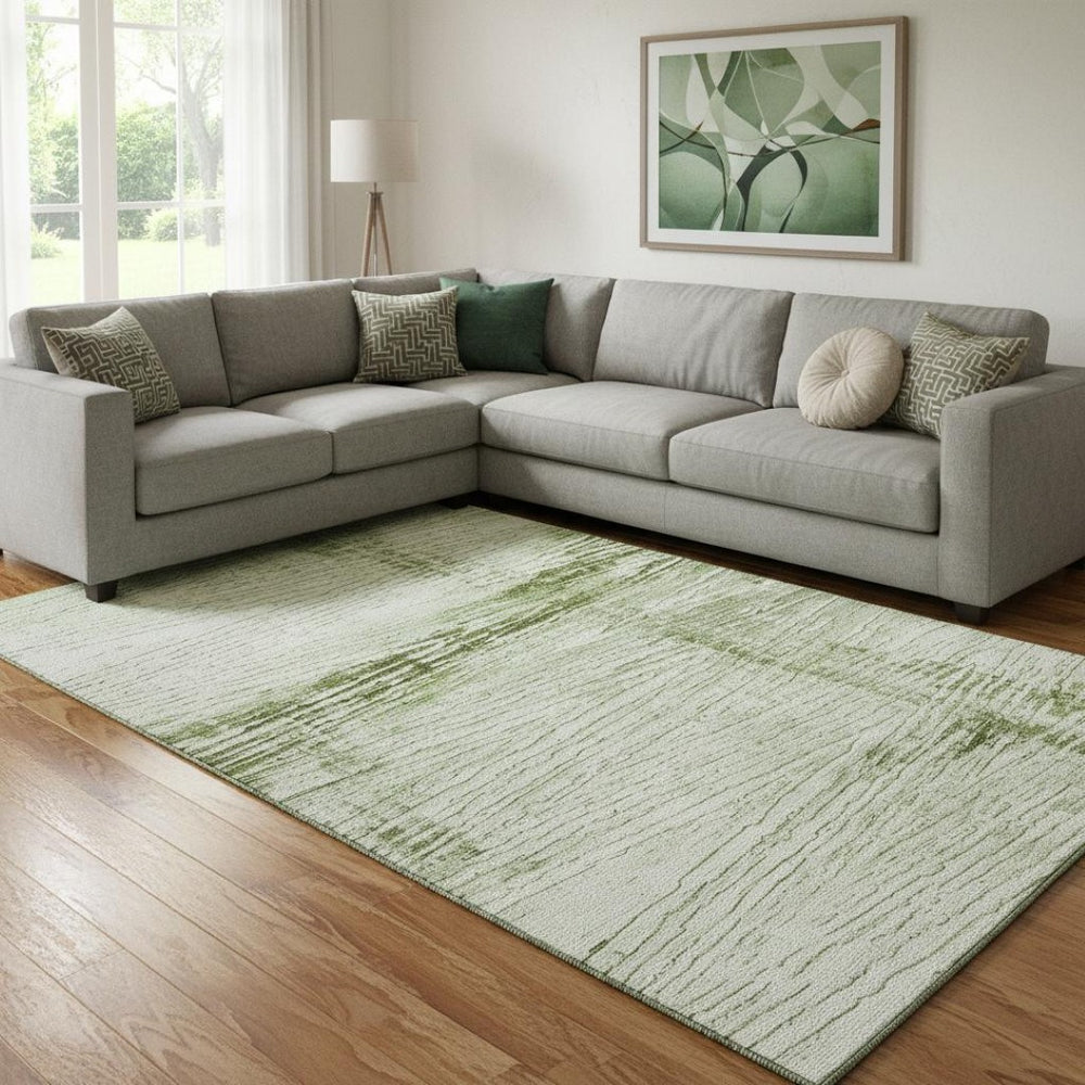 HomeRoots 9' X 12' Striped Area Rug in Artichoke Green & Ivory - Stain Resistant, UV Protected, Non-Slip Design 710015