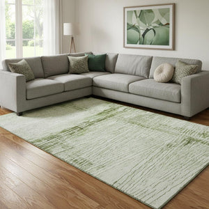 HomeRoots 9' X 12' Striped Area Rug in Artichoke Green & Ivory - Stain Resistant, UV Protected, Non-Slip Design 710015