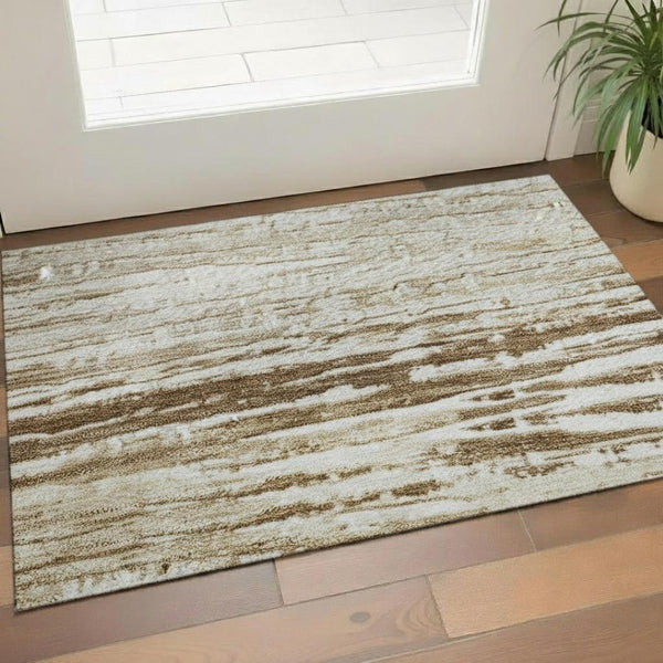 HomeRoots 5' X 8' Ivory And Brown Striped Area Rug - Washable, Stain Resistant, UV Protected, Non-Slip Design 710024