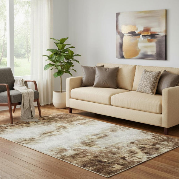 HomeRoots 8' Elegant Ivory and Brown Striped Washable Round Rug - Durable, UV Protected, Kids & Pet Friendly! 710025