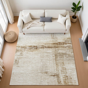 HomeRoots 8' Elegant Ivory and Brown Striped Washable Round Rug - Durable, UV Protected, Kids & Pet Friendly! 710025