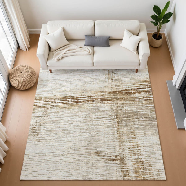 HomeRoots 8' Elegant Ivory and Brown Striped Washable Round Rug - Durable, UV Protected, Kids & Pet Friendly! 710025