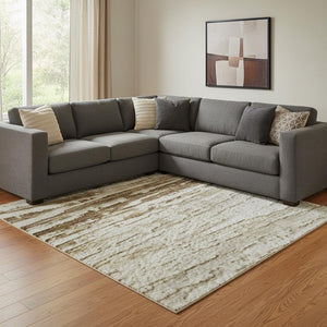 HomeRoots 9' X 12' Ivory and Brown Striped Area Rug – Washable, UV Protected, Durable for Family Living Spaces 710027