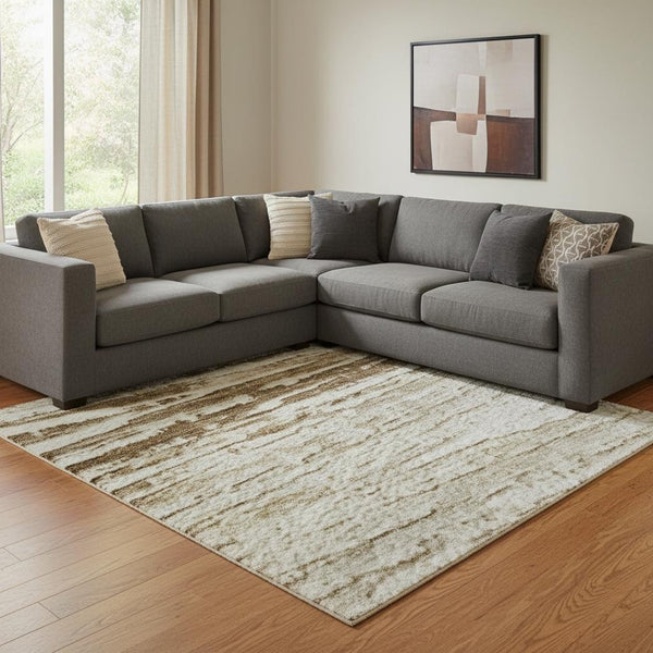 HomeRoots 9' X 12' Ivory and Brown Striped Area Rug – Washable, UV Protected, Durable for Family Living Spaces 710027