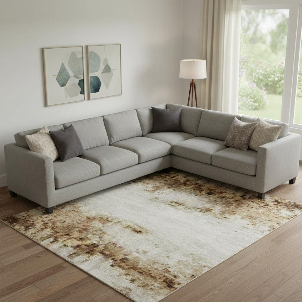 HomeRoots 10' X 14' Ivory and Brown Striped Washable Area Rug - Durable, UV-Protected, Ideal for Family Spaces 710028