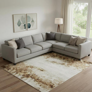HomeRoots 10' X 14' Ivory and Brown Striped Washable Area Rug - Durable, UV-Protected, Ideal for Family Spaces 710028
