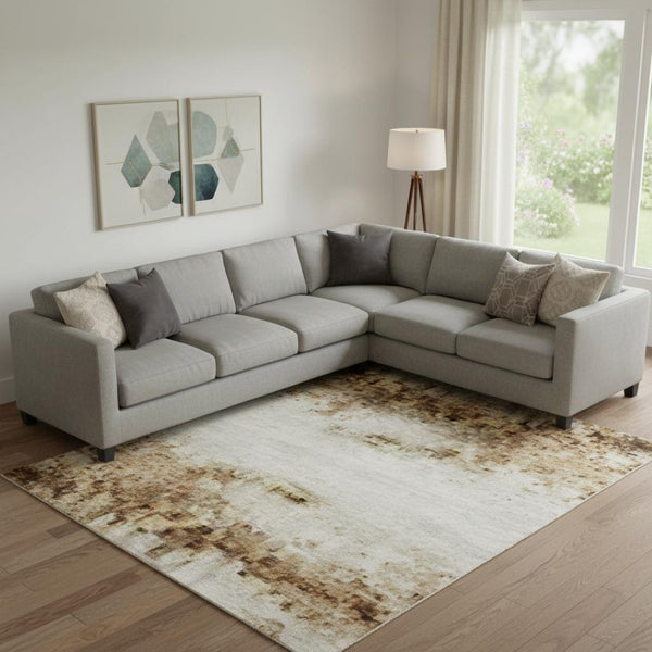 HomeRoots 10' X 14' Ivory and Brown Striped Washable Area Rug - Durable, UV-Protected, Ideal for Family Spaces 710028