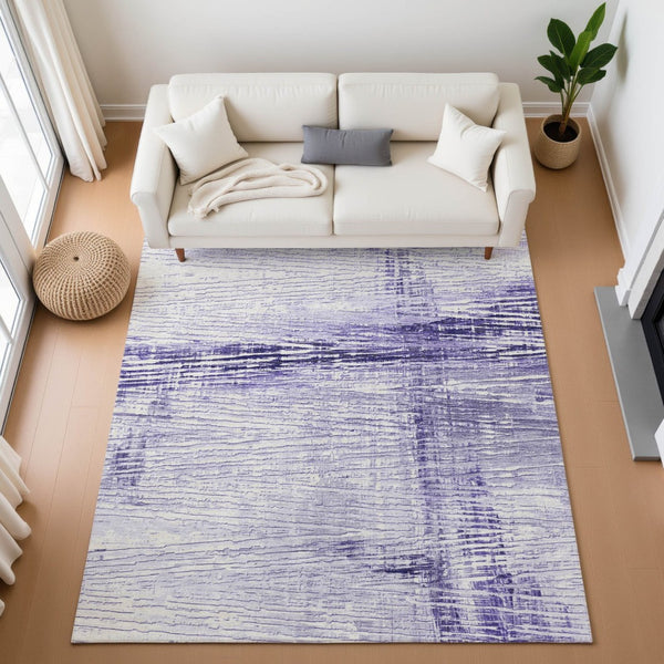HomeRoots 8' Striped Washable Round Rug in Soft Lavender & Ivory - UV Protected, Stain Resistant & Durable Design 710031