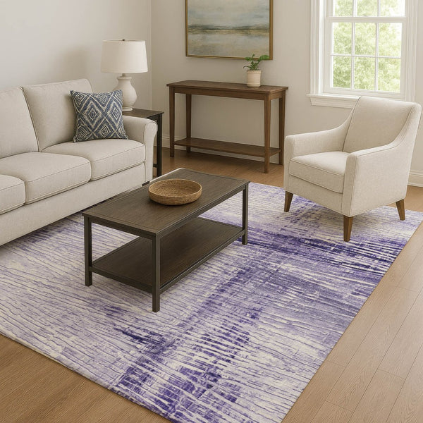 HomeRoots 8' Striped Washable Round Rug in Soft Lavender & Ivory - UV Protected, Stain Resistant & Durable Design 710031