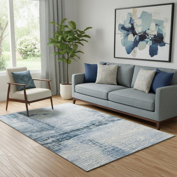 HomeRoots 8' Sky Blue & Ivory Striped Washable Round Rug – UV Protected, Soft, Durable, Pet-Friendly Décor 710037