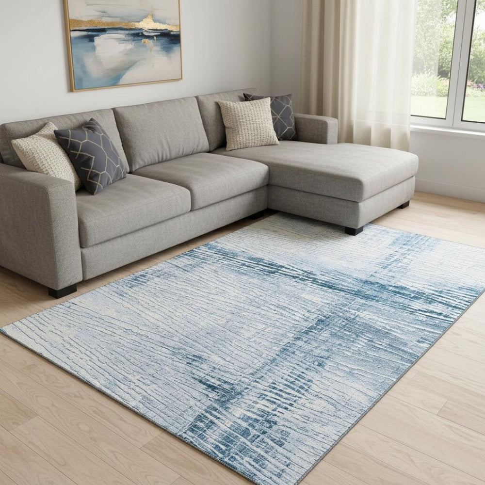 HomeRoots 9' X 12' Coastal-Inspired Sky Blue & Ivory Striped Washable Area Rug with UV Protection & Durability 710039