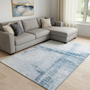 HomeRoots 9' X 12' Coastal-Inspired Sky Blue & Ivory Striped Washable Area Rug with UV Protection & Durability 710039