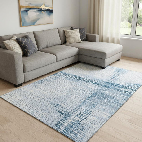 HomeRoots 9' X 12' Coastal-Inspired Sky Blue & Ivory Striped Washable Area Rug with UV Protection & Durability 710039