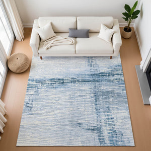 HomeRoots 9' X 12' Coastal-Inspired Sky Blue & Ivory Striped Washable Area Rug with UV Protection & Durability 710039