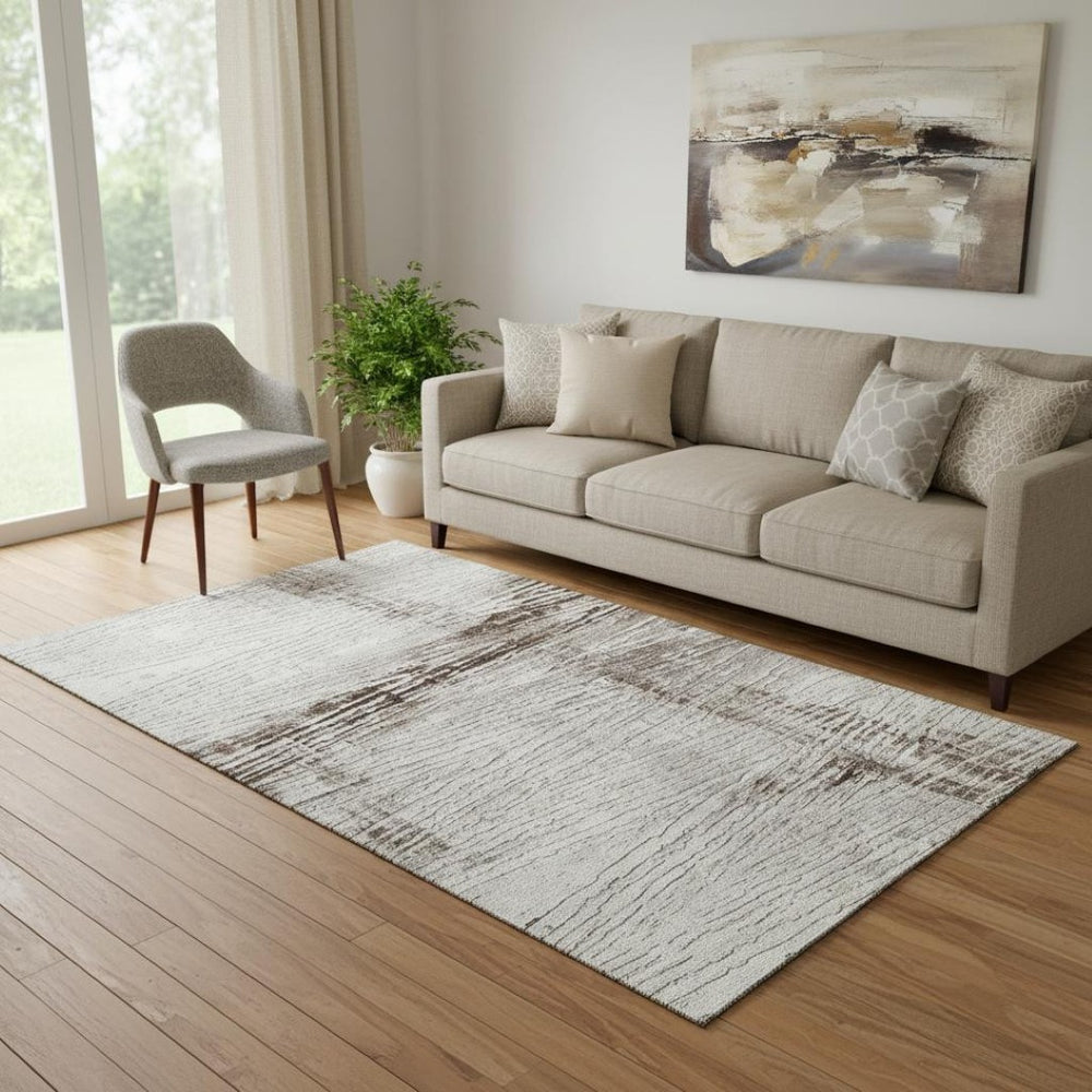 HomeRoots 8' Striped Washable Round Rug in Taupe & Ivory - UV Protected, Non-Slip, Perfect for Busy Homes 710043