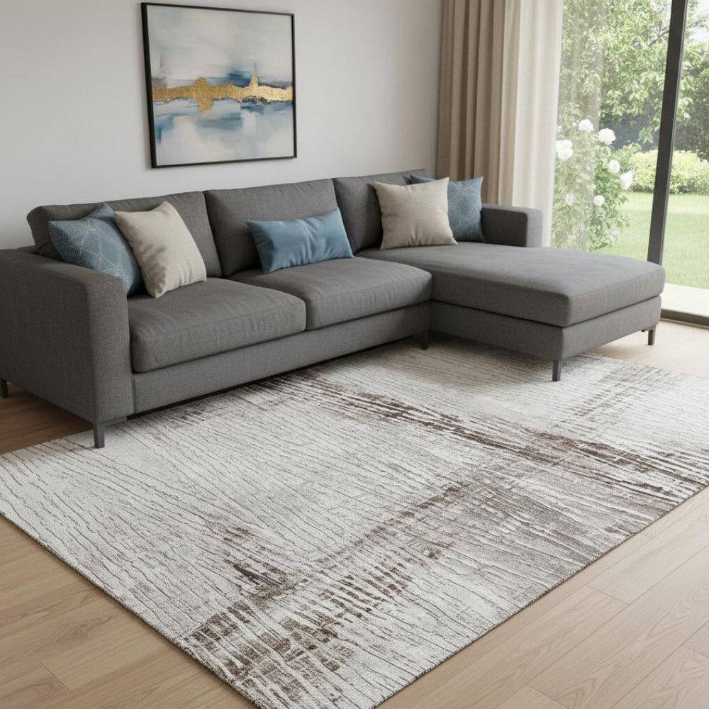 HomeRoots 9' X 12' Taupe & Ivory Striped Washable Area Rug with UV Protection for Family-Friendly Homes 710045