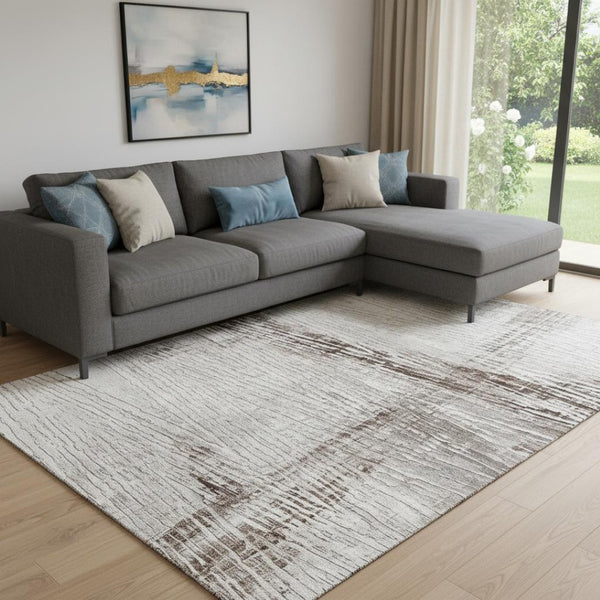 HomeRoots 9' X 12' Taupe & Ivory Striped Washable Area Rug with UV Protection for Family-Friendly Homes 710045