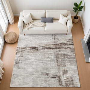 HomeRoots 9' X 12' Taupe & Ivory Striped Washable Area Rug with UV Protection for Family-Friendly Homes 710045