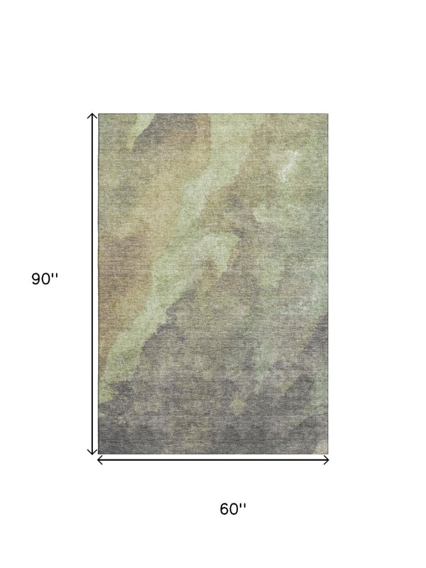 HomeRoots 8' Contemporary Artichoke Green Taupe Brown Abstract Round Rug - Washable, UV-Resistant, Durable! 710049