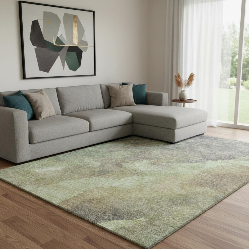 HomeRoots 9' X 12' Stylish Artichoke Green Abstract Area Rug - Washable, UV Protected & Perfect for High Traffic Areas 710051