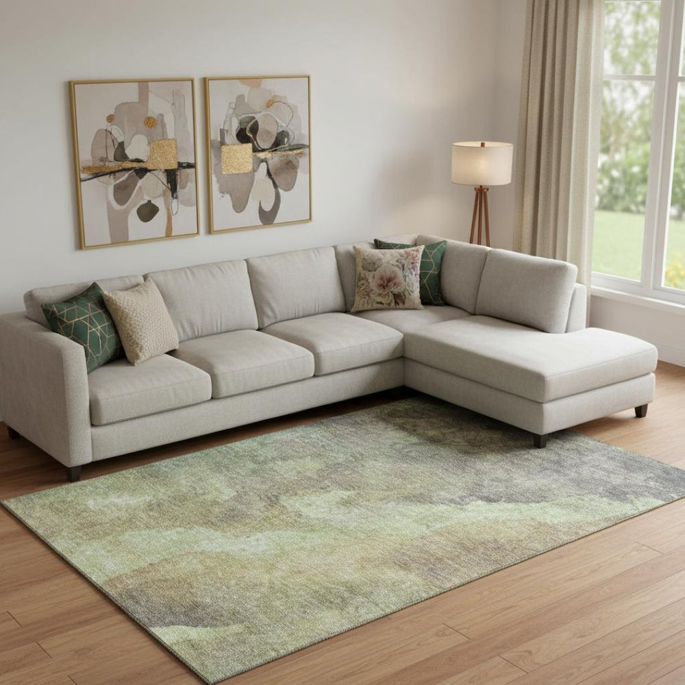 HomeRoots 10' X 14' Contemporary Abstract Area Rug in Artichoke Green & Taupe - Washable, UV Protected, Non-Slip 710052