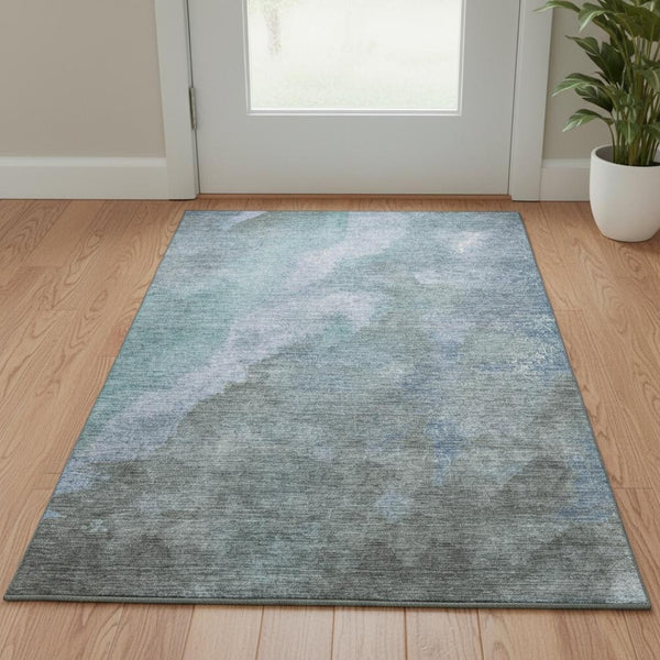 HomeRoots 5' X 8' Blue And Gray Abstract Area Rug - Washable, UV Protected, Stylish & Durable for High-Traffic Areas 710054