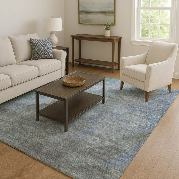 HomeRoots 5' X 8' Blue And Gray Abstract Area Rug - Washable, UV Protected, Stylish & Durable for High-Traffic Areas 710054