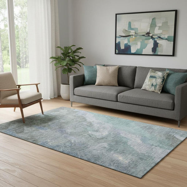 HomeRoots 8' Blue And Gray Abstract Washable Round Rug - Stylish, UV-Protected, Stain-Resistant, Kid-Friendly! 710055