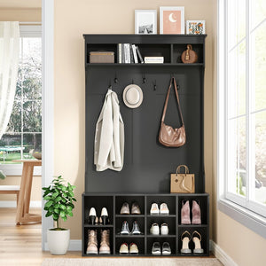 English Elm 70.9 Inch Freestanding Hall Tree with Bench Shoe Cubbies and 7 Hooks for Entryway Black T3623P434557